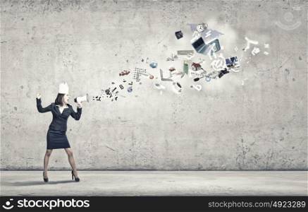 Woman announcing something. Young businesswoman in paper crown screaming in megaphone