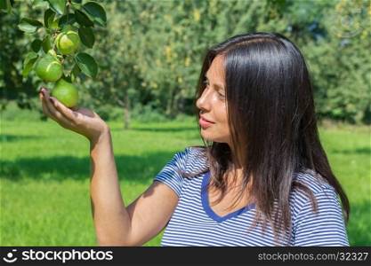 Woman appreciating and looking at pears in orchard