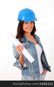 Woman architect standing on white background