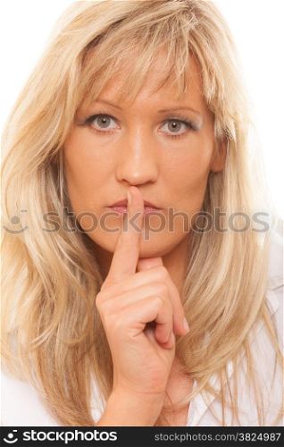 Woman asking for silence or secrecy with finger on lips hush hand gesture. Isolated