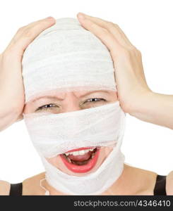 woman at bandages on her face with headache on white