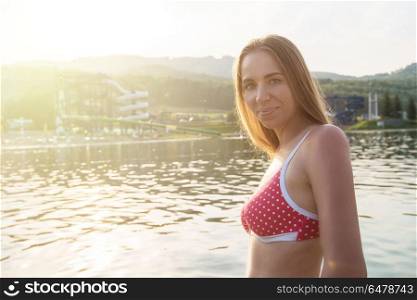 Woman at beach. Woman at beach, close up still life portrait