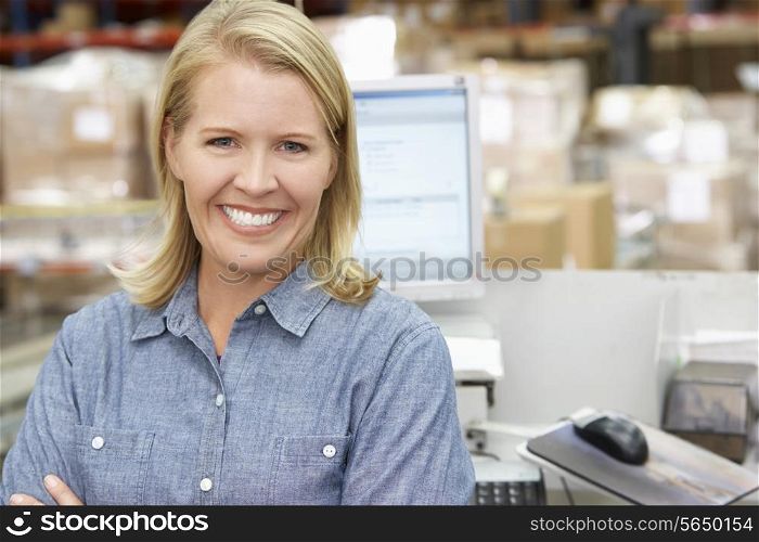 Woman At Computer Terminal In Distribution Warehouse