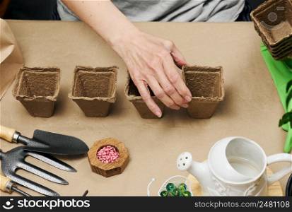 Woman at home holding paper cups for planting plants and vegetables. Hobby and leisure, top view