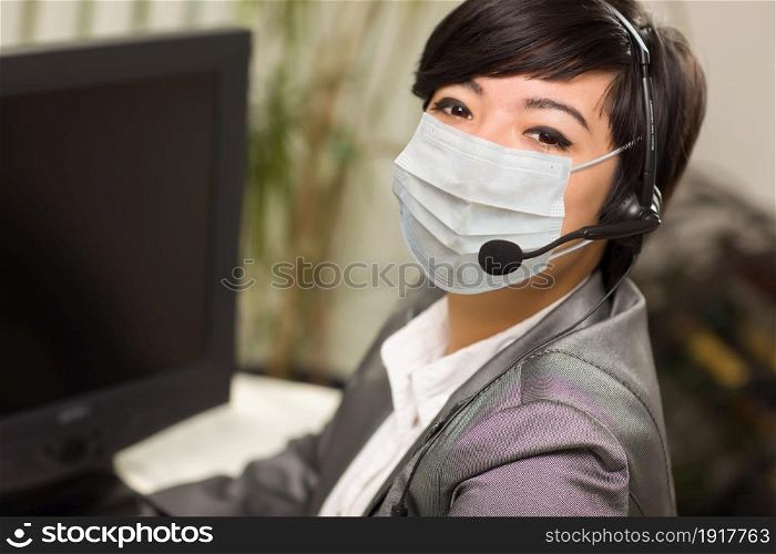 Woman At Office Desk Wearing Medical Face Mask.