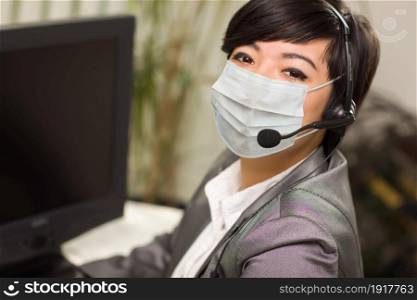 Woman At Office Desk Wearing Medical Face Mask.