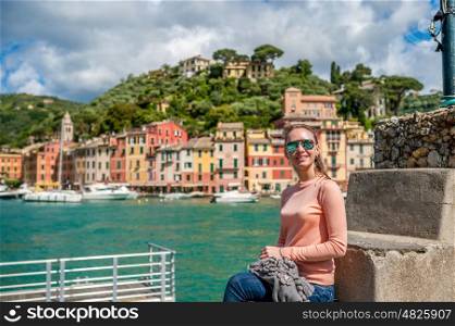 Woman at Portofino village on Ligurian coast in Italy