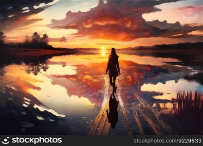 Woman at sunset by the water. Neural network AI generated art. Woman at sunset by the water. Neural network generated art