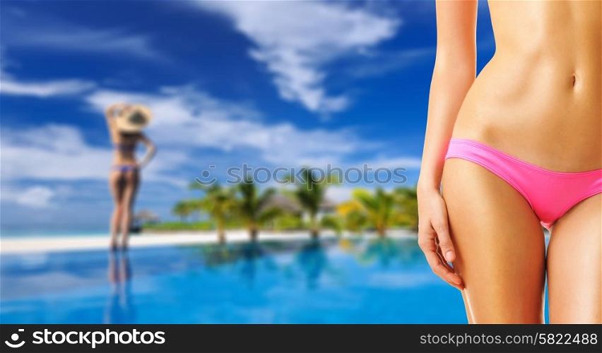 Woman at swimming pool in the tropical hotel. Collage.