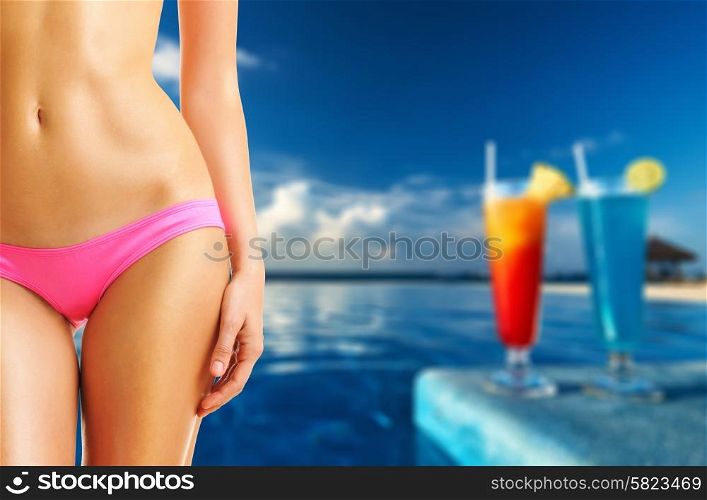 Woman at swimming pool in the tropical hotel. Collage.