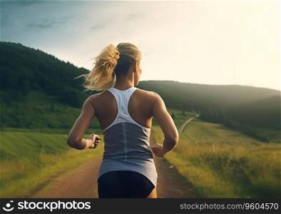 Woman athlete running during summer evening with beautiful nature view.AI Generative.