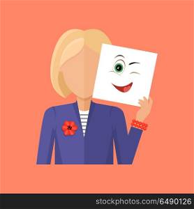 Woman Avatar Icon. Woman avatar icon. Young blonde woman in blue jacket with a sheet of paper. Sheet of paper with anger emotional playful smile. People with expression of emotions. Isolated vector illustration