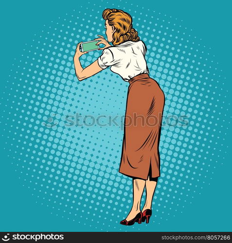 Woman back photographed on a smartphone, pop art retro comic drawing illustration. Selfie blogger. Online game go