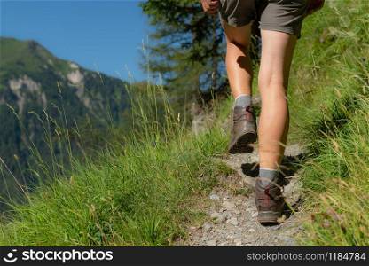 woman back wearing short hiking on a path in alpine mountain