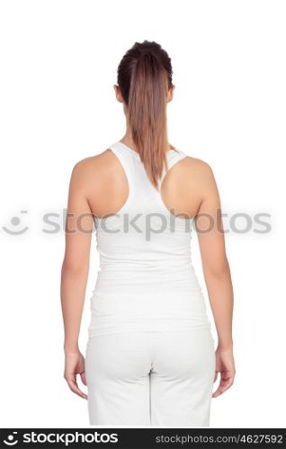 Woman back with comfortable clothes meditating isolated on white background