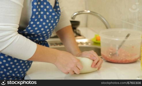 Woman Baking In The Kitchen, Kneading Dough For Meat Pasty