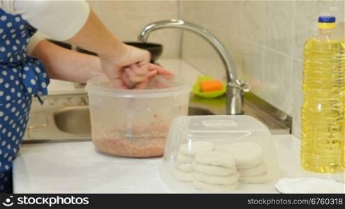 Woman Baking In The Kitchen, Mixing Minced Meat Closeup