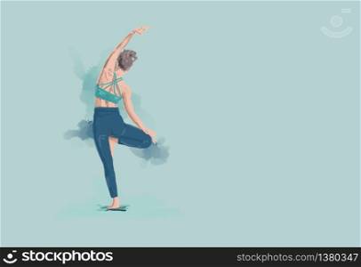 woman balancing in head stand yoga illustration isolated on blue background with copy space.