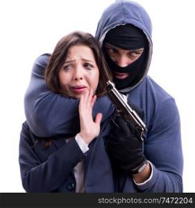 Woman being attacked isolated on white. Businesswoman is kidnapped by the gunman