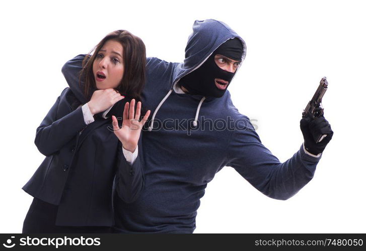 Woman being attacked isolated on white. Businesswoman is kidnapped by the gunman