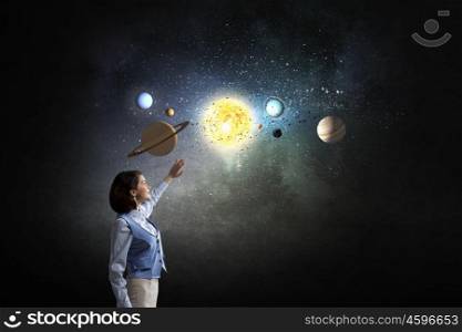 Woman blinded with light. Young businesswoman blinded with light of planets