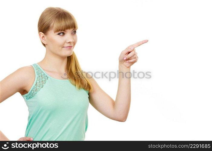 Woman blonde casual style girl pointing or touching with index fingers at something isolated on white. Woman pointing or touching with index finger 