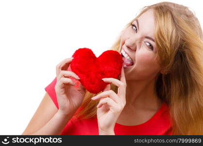 Woman blonde girl holding red heart love symbol . Woman blonde long hair girl holding red heart love symbol studio shot isolated on white. Valentines day happiness concept