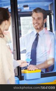 Woman Boarding Bus And Using Pass