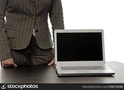 woman body parts with computer isolated on white