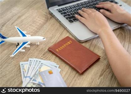 Woman booking tickets online. searching buying booking flights ticket airlines or hotel Travel and tourism agency