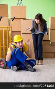 Woman boss and man contractor working with boxes delivery