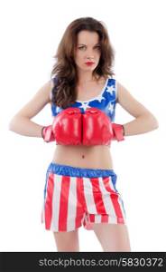Woman boxer in uniform with US symbols