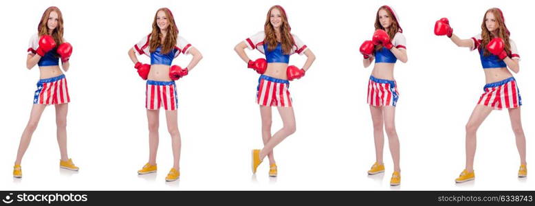 Woman boxer in uniform with US symbols