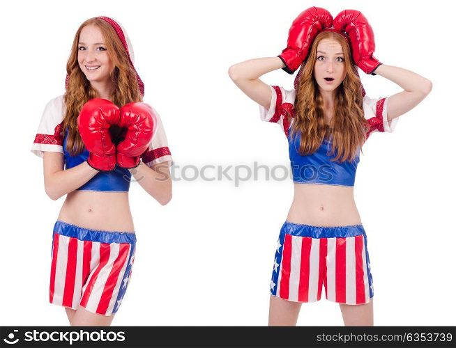 Woman boxer in uniform with US symbols. The woman boxer in uniform with us symbols