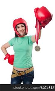 Woman boxer isolated on the white background