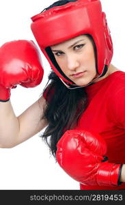 Woman boxer on white background