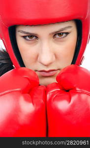 Woman boxer on white background