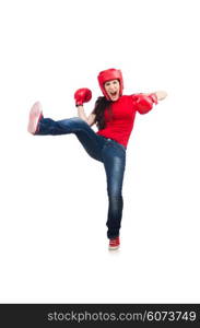 Woman boxer on white background