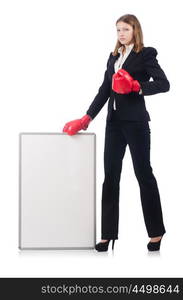 Woman boxer with blank board on white