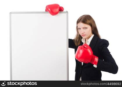 Woman boxer with blank board on white