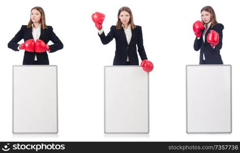 Woman boxer with blank board on white 