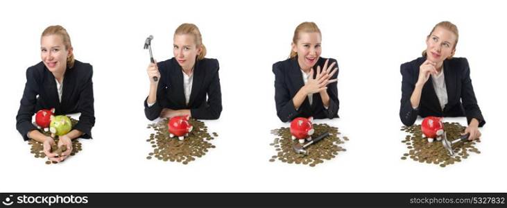 Woman breaking piggy bank for savings
