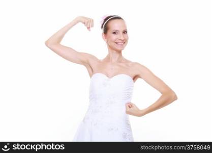 woman bride in wedding dress shows her muscles flexing biceps clenching fist isolated on white background strength and power concept