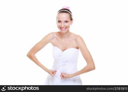 woman bride in wedding dress shows her muscles flexing biceps clenching fist isolated on white background strength and power concept