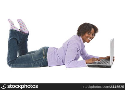 Woman browsing in internet a over white background