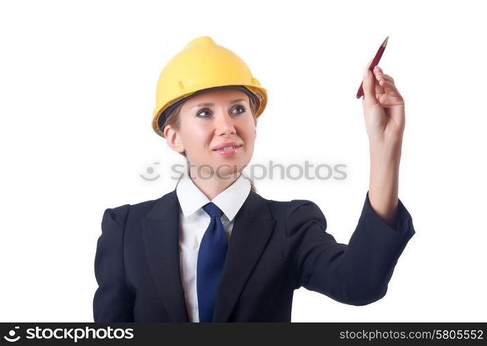 Woman builder pressing virtual buttons
