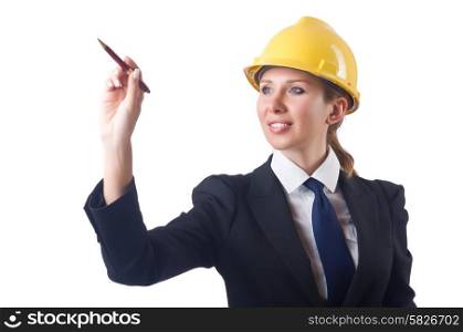 Woman builder pressing virtual buttons