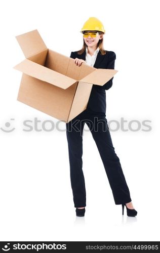 Woman builder with box isolated on white