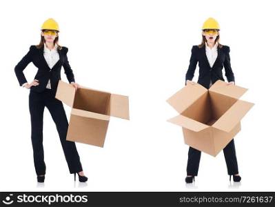 Woman builder with box isolated on white 