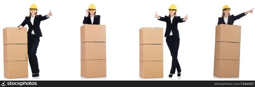 Woman builder with box isolated on white . The woman builder with box isolated on white 